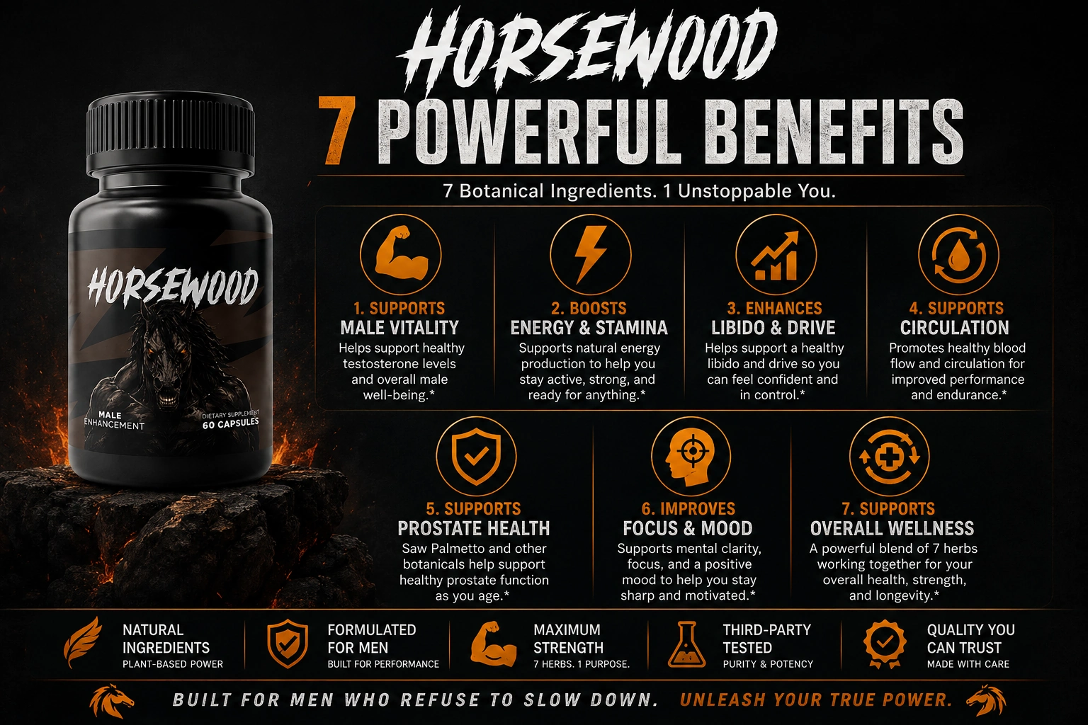 Horsewood brand graphic summarising the seven supported benefit areas alongside the product bottle