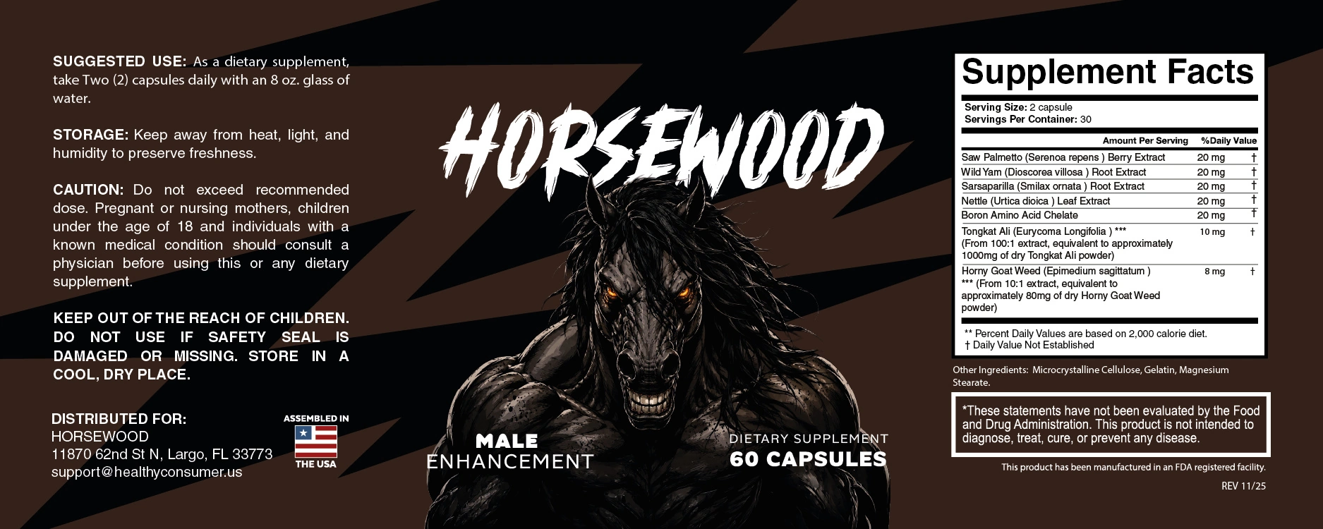 The Horsewood product label showing suggested use, cautions and the full supplement facts panel with each ingredient amount